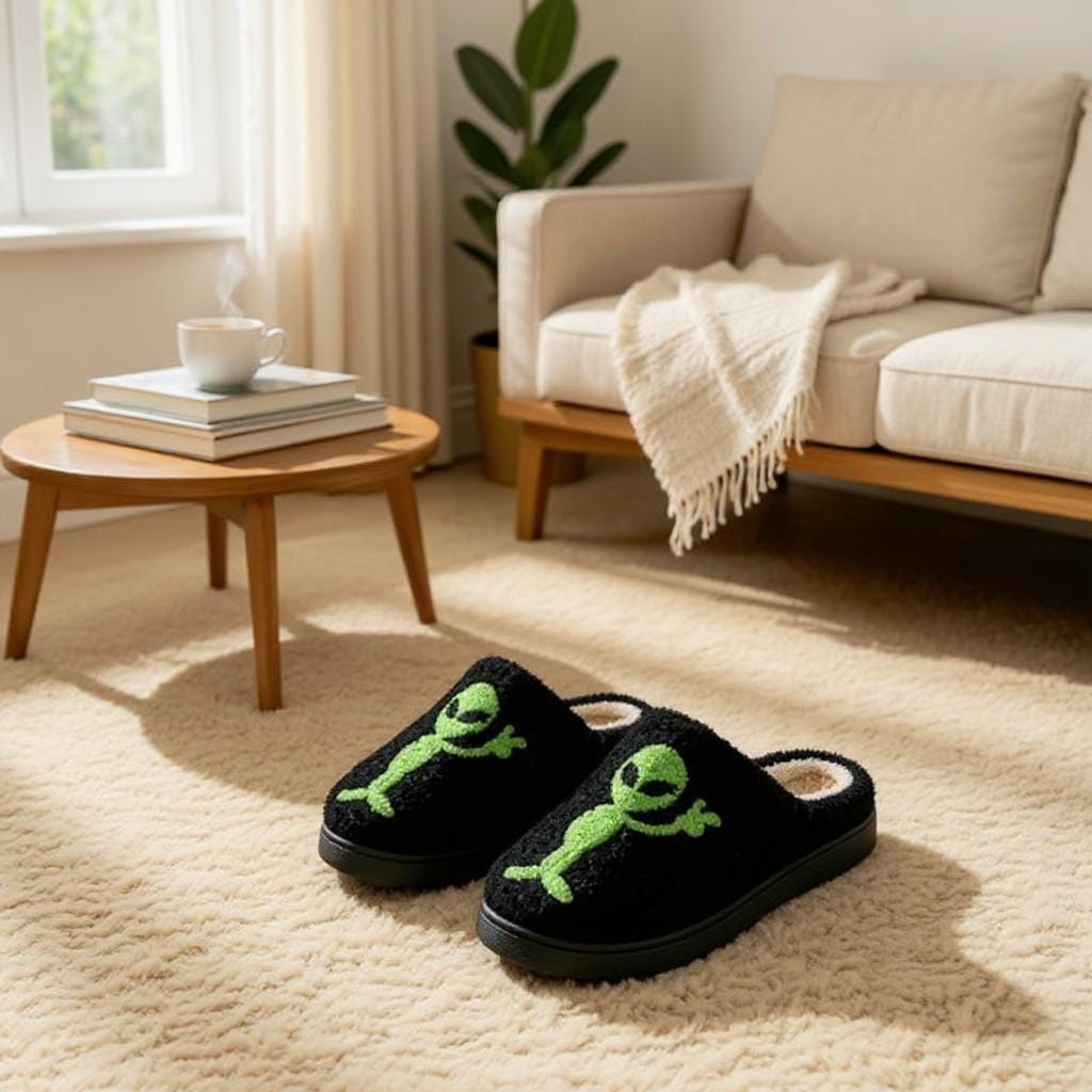 Alien Slippers, Green Alien House Shoes, Fuzzy Black Slippers