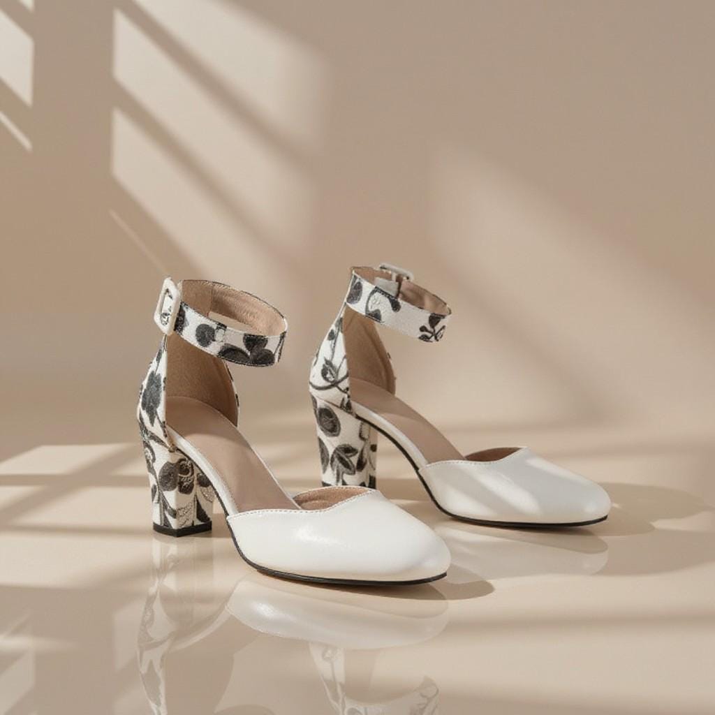 White Floral Wedding Heels, Ankle Strap Bridal Shoes, Block Heel Pumps