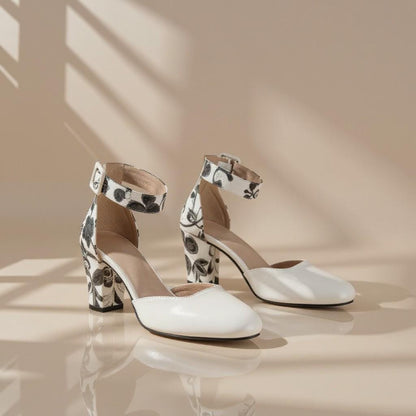 White Floral Wedding Heels, Ankle Strap Bridal Shoes, Block Heel Pumps