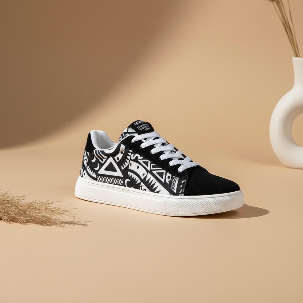 Black White Geometric Sneakers, Women's Low Top Shoes, Graphic Lace Up
