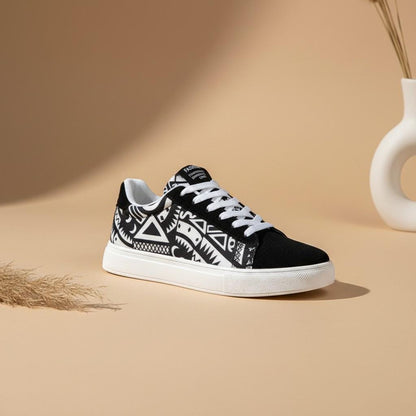 Black White Geometric Sneakers, Women's Low Top Shoes, Graphic Lace Up