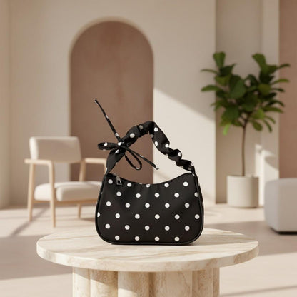 Black Polka Dot Shoulder Bag, Bow Strap Baguette Purse, Y2K Handbag, Coquette Ribbon Bag, Cute Everyday Purse