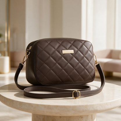 Brown Quilted Crossbody Bag, Diamond Stitch Purse, Small Shoulder Bag, Minimalist Brown Handbag, Gold Detail Everyday Bag