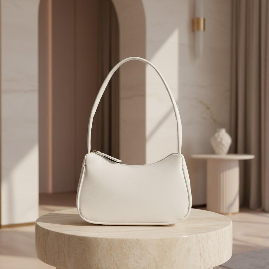 White Baguette Shoulder Bag, Minimalist Y2K Purse, Small White Handbag, Curved Underarm Bag, Women's Everyday Bag