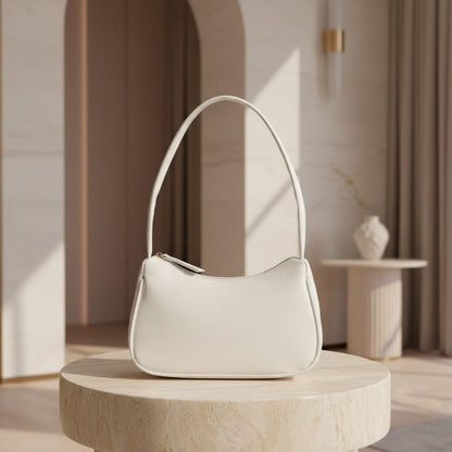 White Baguette Shoulder Bag, Minimalist Y2K Purse, Small White Handbag, Curved Underarm Bag, Women's Everyday Bag