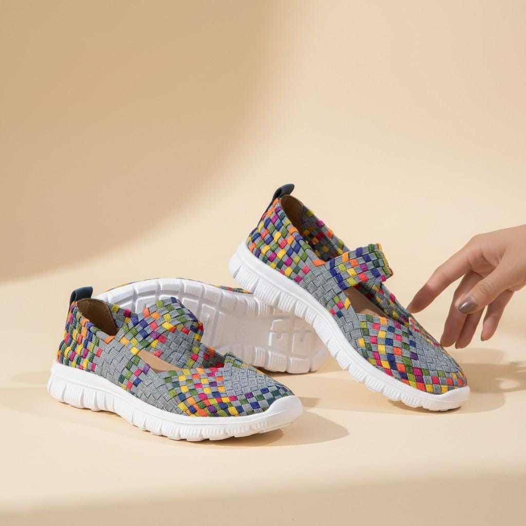 Colorful Woven Slip On Shoes for Women, Geometric Mary Jane Sneakers, Casual Summer Footwear