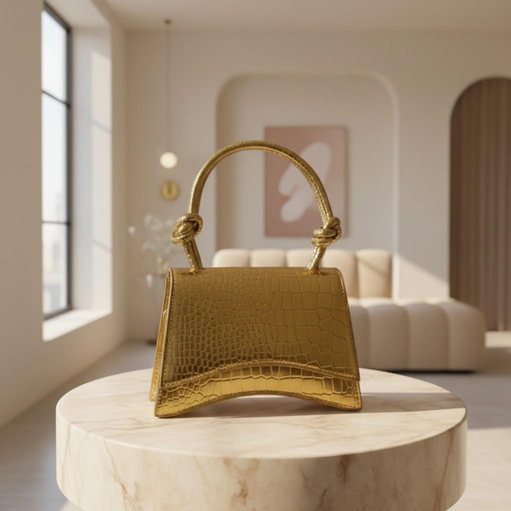 Gold Croc Embossed Top Handle Bag, Metallic Shoulder Purse, Structured Flap Handbag, Gold Crossbody Bag, Statement Purse