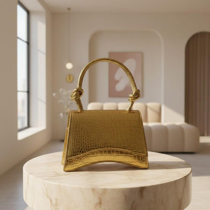 Gold Croc Embossed Top Handle Bag, Metallic Shoulder Purse, Structured Flap Handbag, Gold Crossbody Bag, Statement Purse