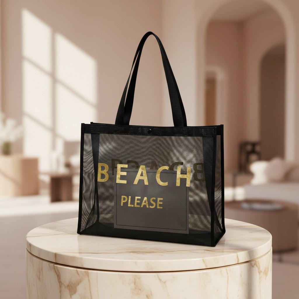 Black Mesh Beach Tote Bag, Beach Bag Set with Pouch, Summer Vacation Tote, Poolside Travel Bag, Coastal Carryall