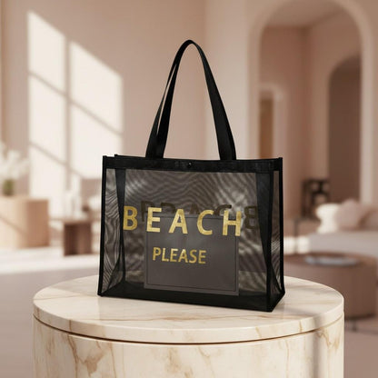 Black Mesh Beach Tote Bag, Beach Bag Set with Pouch, Summer Vacation Tote, Poolside Travel Bag, Coastal Carryall