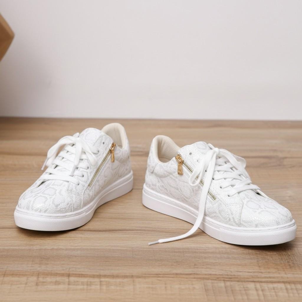White Floral Sneakers, Women's Lace Up Shoes, Gold Zipper Casual Trainers