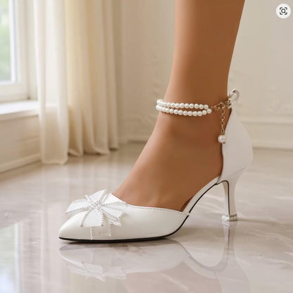 White Pearl Bow Heels, Pointed Toe Stiletto Pumps, Bridal Wedding Shoes