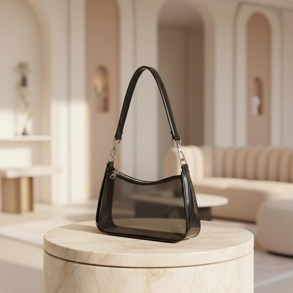 Black Clear Shoulder Bag, Transparent Purse for Women, See Through Handbag, Minimalist Zip Bag, Small Purse