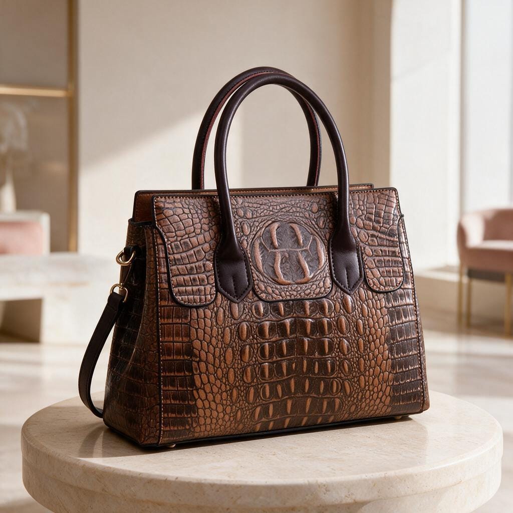 Brown Crocodile Effect Handbag, Structured Satchel Purse, Women's Top Handle Bag, Embossed Shoulder Bag