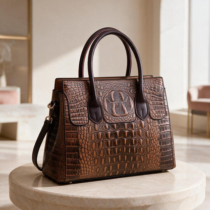 Brown Crocodile Effect Handbag, Structured Satchel Purse, Women's Top Handle Bag, Embossed Shoulder Bag