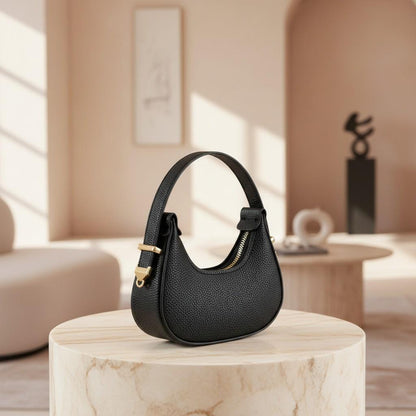 Black Crescent Shoulder Bag, Pebbled Hobo Purse, Textured Half Moon Handbag, Gold Hardware Bag, Minimalist Everyday Purse