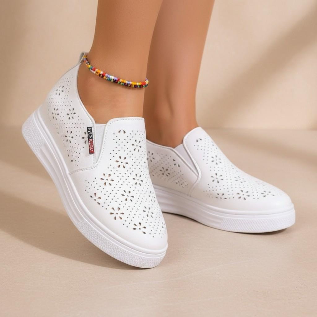 White Floral Wedge Sneakers, Women's Slip On Platform Shoes