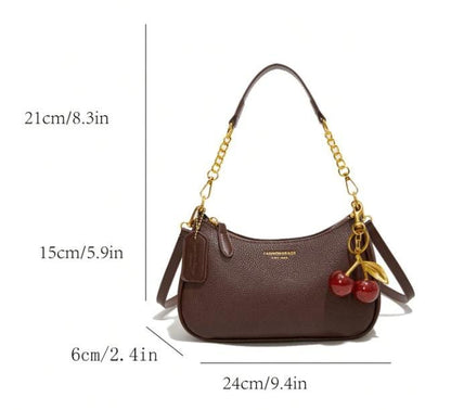 Brown Cherry Shoulder Bag, Chocolate Baguette Purse, Cherry Charm Handbag, Gold Chain Bag, Y2K Brown Purse, Cute Vintage Bag
