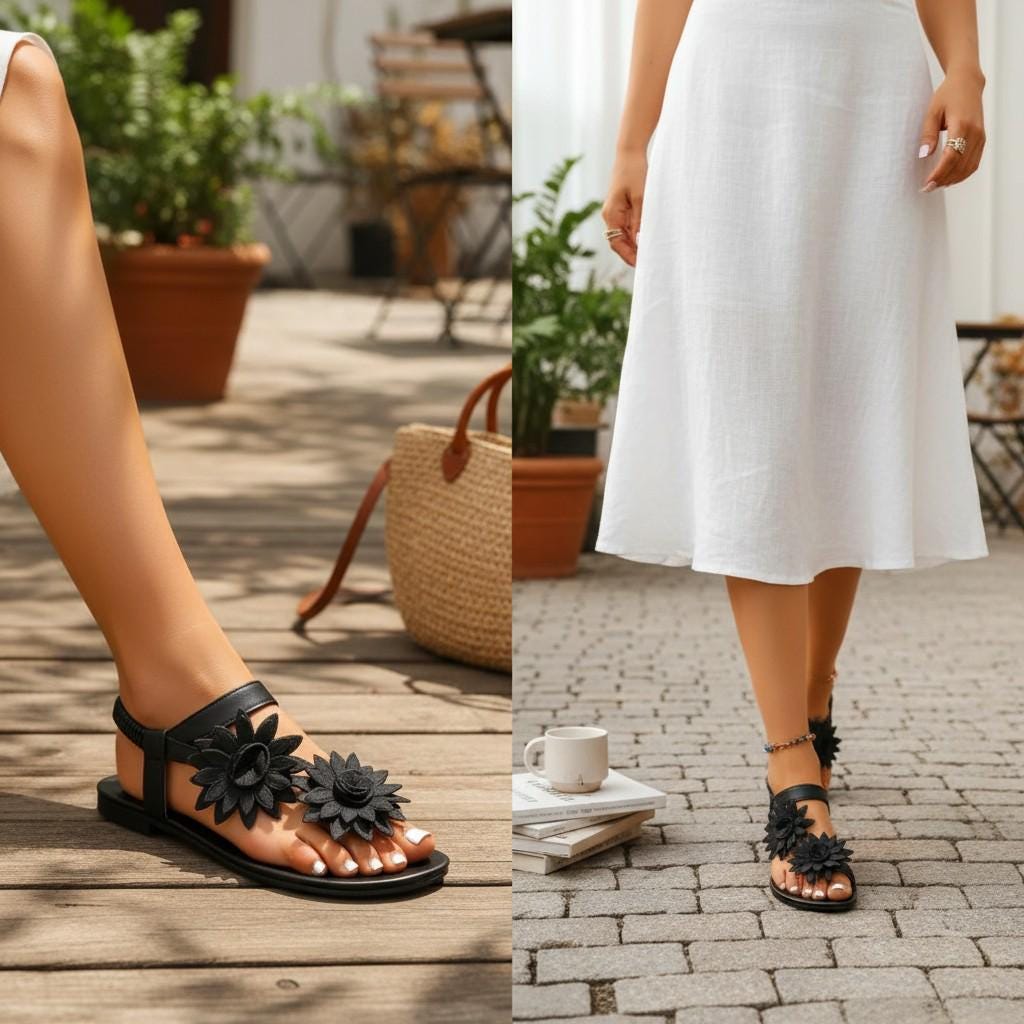 Black Flower Sandals for Women, Floral Flat Sandals, Strappy Summer Vacation Shoes