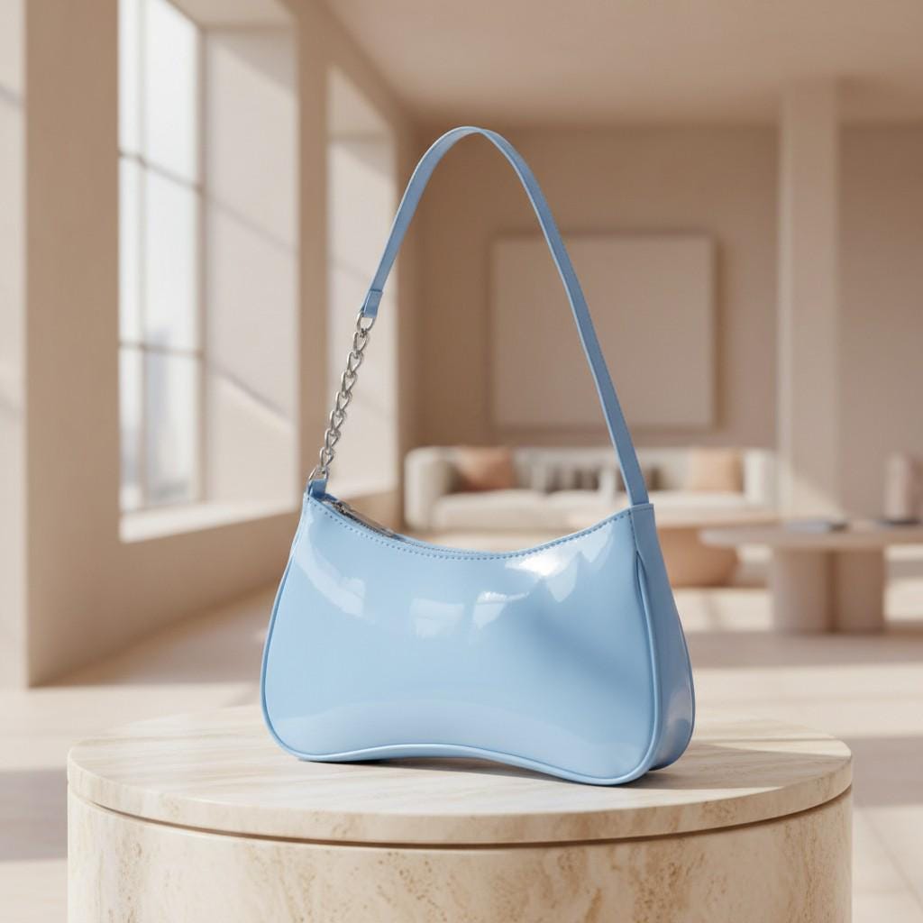 Light Blue Baguette Shoulder Bag, Glossy Baby Blue Purse, Y2K Handbag, Cute Underarm Bag, Women's Mini Shoulder Bag