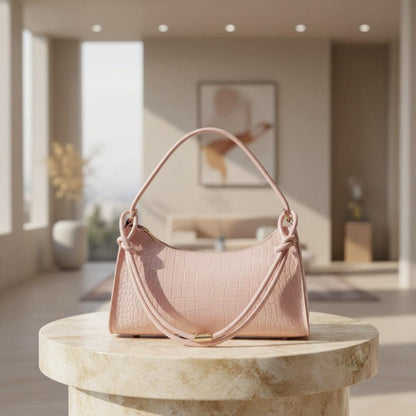 Pink Croc Baguette Bag, Soft Pink Shoulder Purse, Y2K Textured Handbag, Croc Embossed Crossbody Bag, Women's Pink Purse