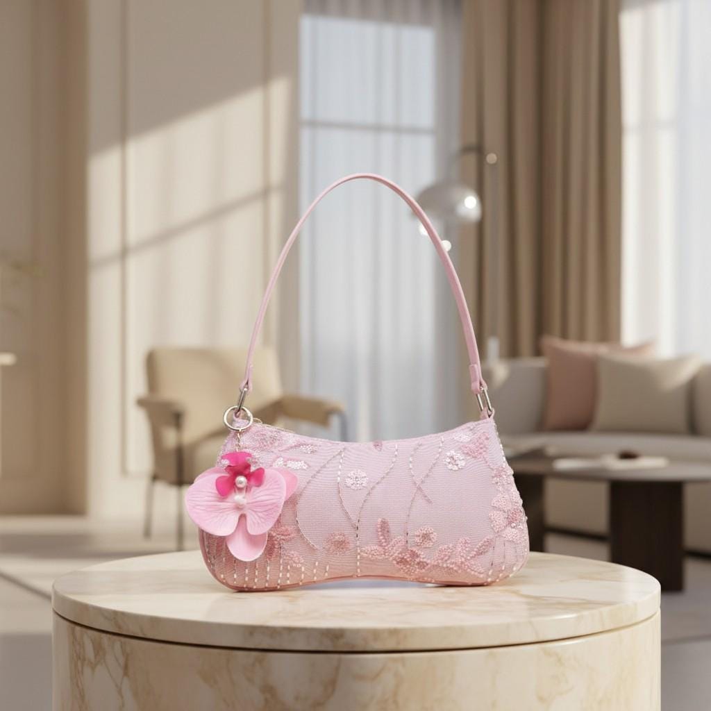 Pink Floral Beaded Shoulder Bag, Sequin Embroidered Purse, Romantic Flower Handbag, Cute Evening Bag for Women