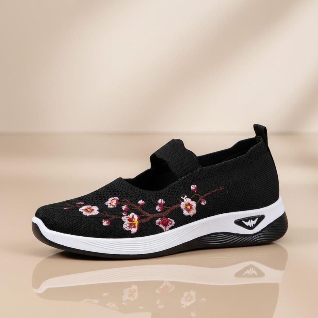 Black Floral Mary Jane Sneakers, Women's Embroidered Walking Shoes, Cute Casual Slip On