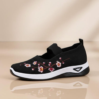 Black Floral Mary Jane Sneakers, Women's Embroidered Walking Shoes, Cute Casual Slip On