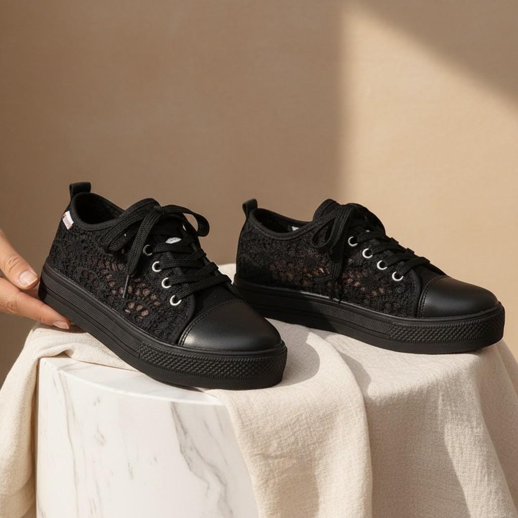 Black Lace Sneakers for Women, Chunky Platform Shoes, Lace Up Fashion Trainers