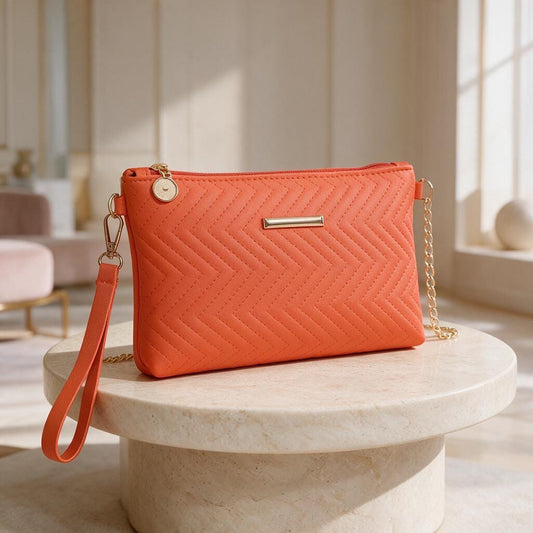 Orange Quilted Crossbody Bag, Chain Strap Purse, Small Orange Clutch, Wristlet Bag, Chevron Shoulder Bag, Evening Handbag