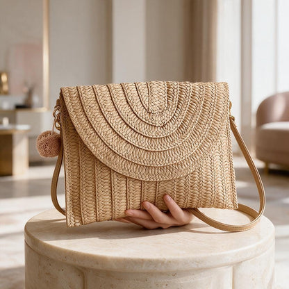 Woven Straw Crossbody Bag, Boho Summer Shoulder Purse, Natural Rattan Style Handbag, Woven Flap Bag, Beach Vacation Bag
