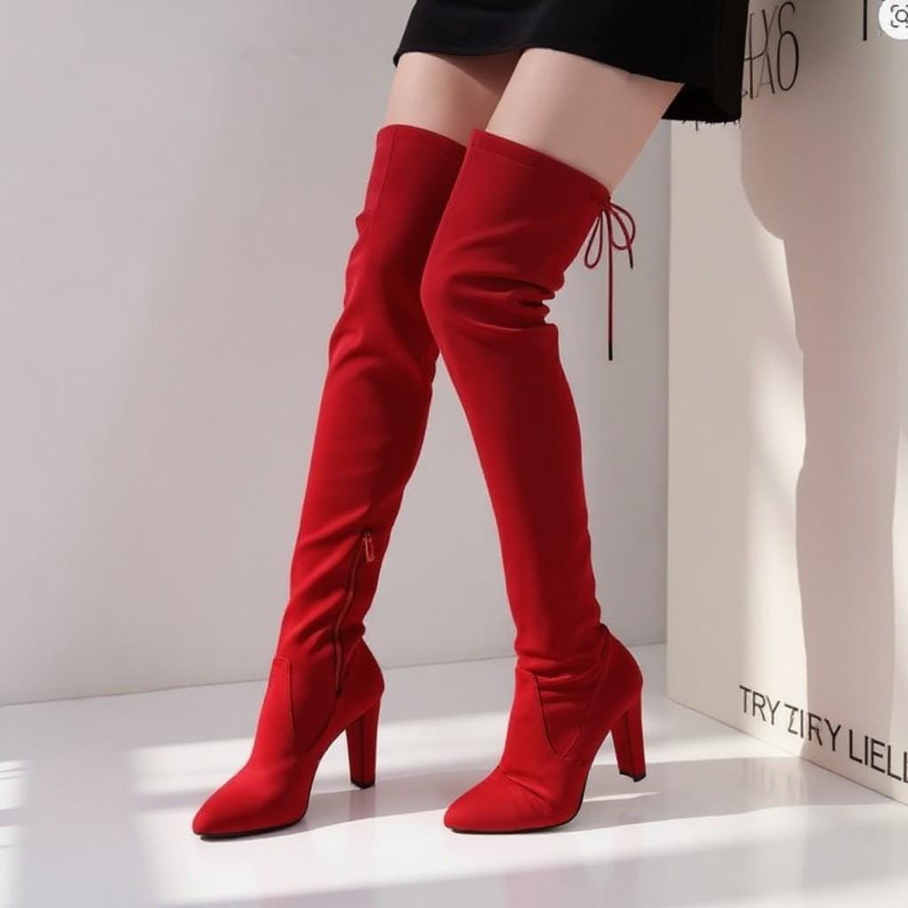 Red Over The Knee Boots, Slouchy High Heel Boots, Tall Red Boots, Women's Statement Fashion Shoes