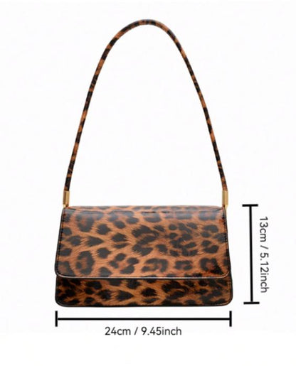 Leopard Print Flap Bag, Brown Animal Print Handbag, Structured Top Handle Purse, Y2K Shoulder Crossbody Bag, Women's Leopard Bag