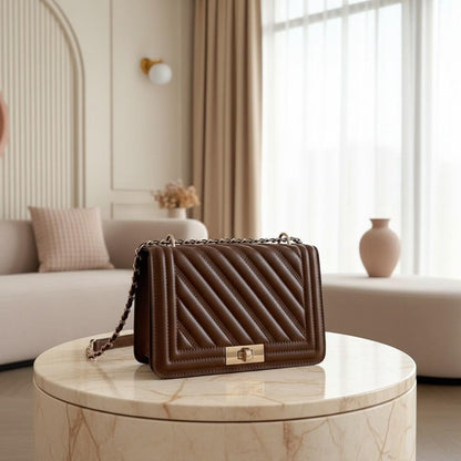 Brown Quilted Shoulder Bag, Chain Strap Purse, Diagonal Quilted Handbag, Structured Crossbody Bag, Elegant Everyday Bag
