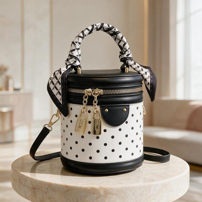 Polka Dot Bucket Bag, Black White Shoulder Bag, Cylindrical Handbag, Scarf Handle Purse, Gold Hardware Crossbody Bag