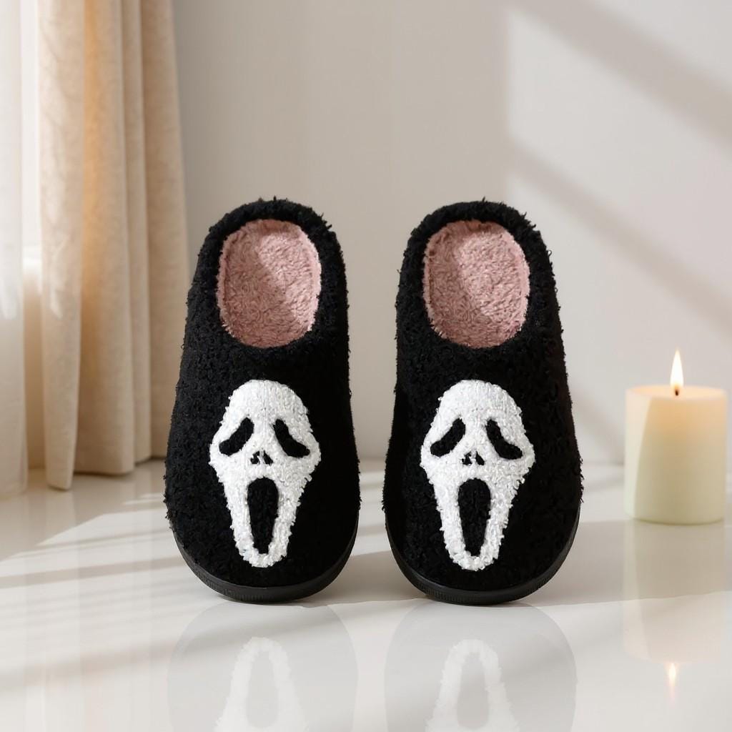 Black Horror Slippers, Ghost Face House Shoes, Cozy Halloween Indoor Slippers