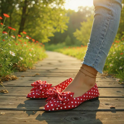 Red Polka Dot Ballet Flats, Pointed Toe Bow Shoes, Vintage Ballerina Flats