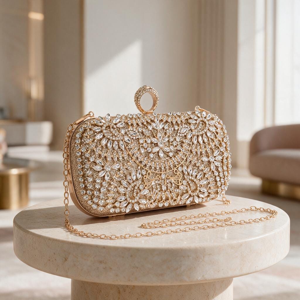 Gold Crystal Clutch Bag, Rhinestone Evening Purse, Floral Bridal Bag, Wedding Clutch with Chain, Sparkly Party Handbag