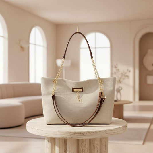Cream Tote Bag, Large Shoulder Purse for Women, Brown Handle Handbag, Spacious Everyday Bag