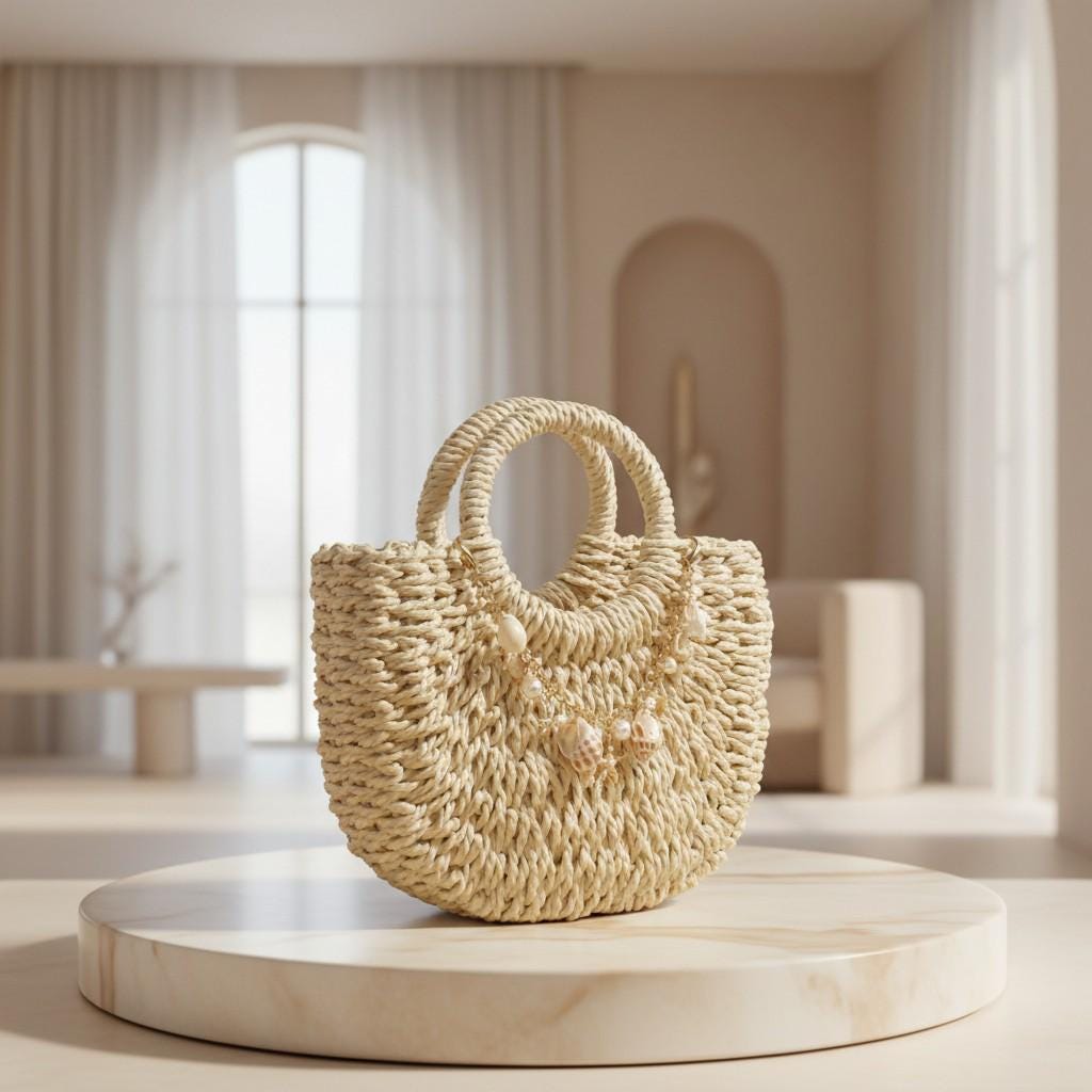 Woven Basket Bag, Natural Top Handle Purse, Boho Shell Charm Summer Handbag