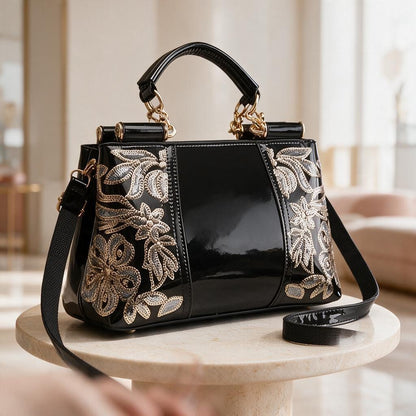 Black Floral Handbag, Embroidered Shoulder Bag, Women's Top Handle Purse, Elegant Crossbody Bag, Evening Purse