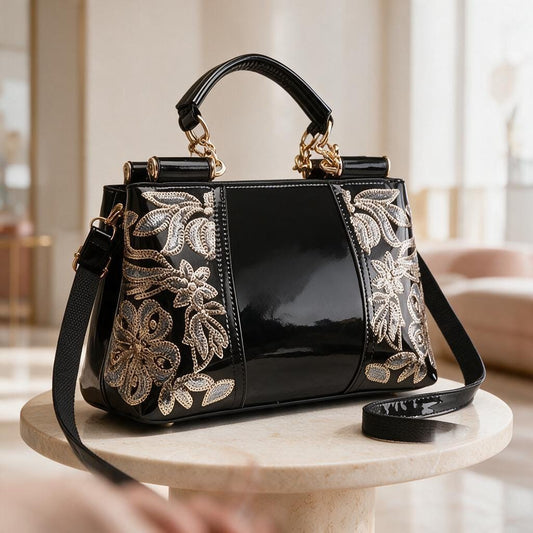 Black Floral Handbag, Embroidered Shoulder Bag, Women's Top Handle Purse, Elegant Crossbody Bag, Evening Purse