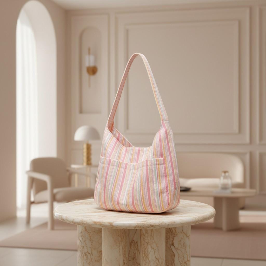 Pink Striped Shoulder Bag, Pastel Tote Purse for Women, Colorful Everyday Handbag, Casual Summer Bag