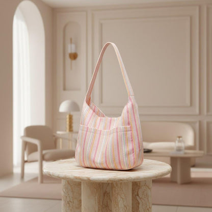 Pink Striped Shoulder Bag, Pastel Tote Purse for Women, Colorful Everyday Handbag, Casual Summer Bag