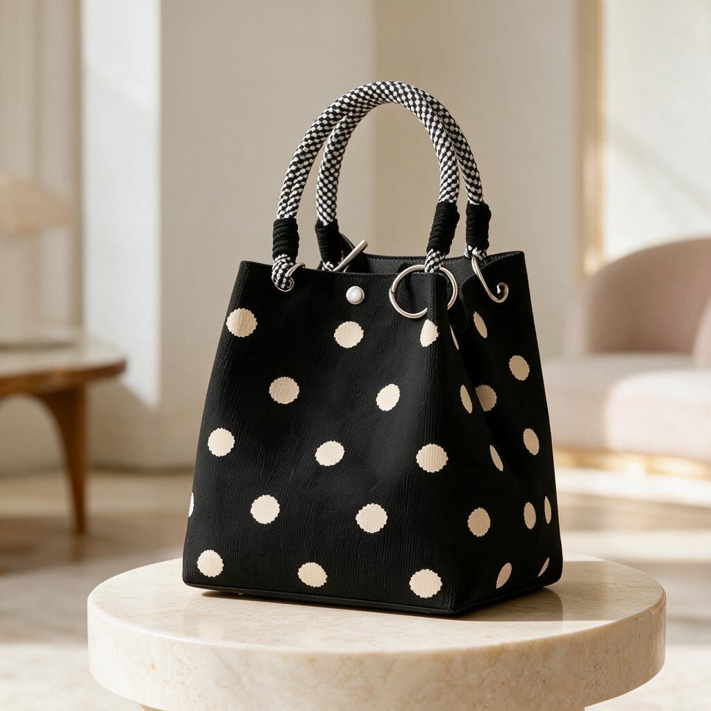 Black Polka Dot Tote Bag, White Dot Shoulder Purse, Rope Handle Handbag, Casual Womens Tote, Trendy Everyday Bag