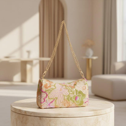 Floral Embroidered Shoulder Bag, Pastel Baguette Purse, Chain Strap Handbag, Boho Summer Bag