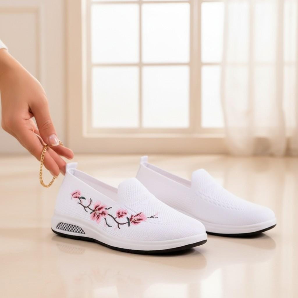 Embroidered Floral Slip On Shoes, Women's Flower Sneakers, White Casual Shoes, Pink Blossom Shoes, Spring Summer Gift