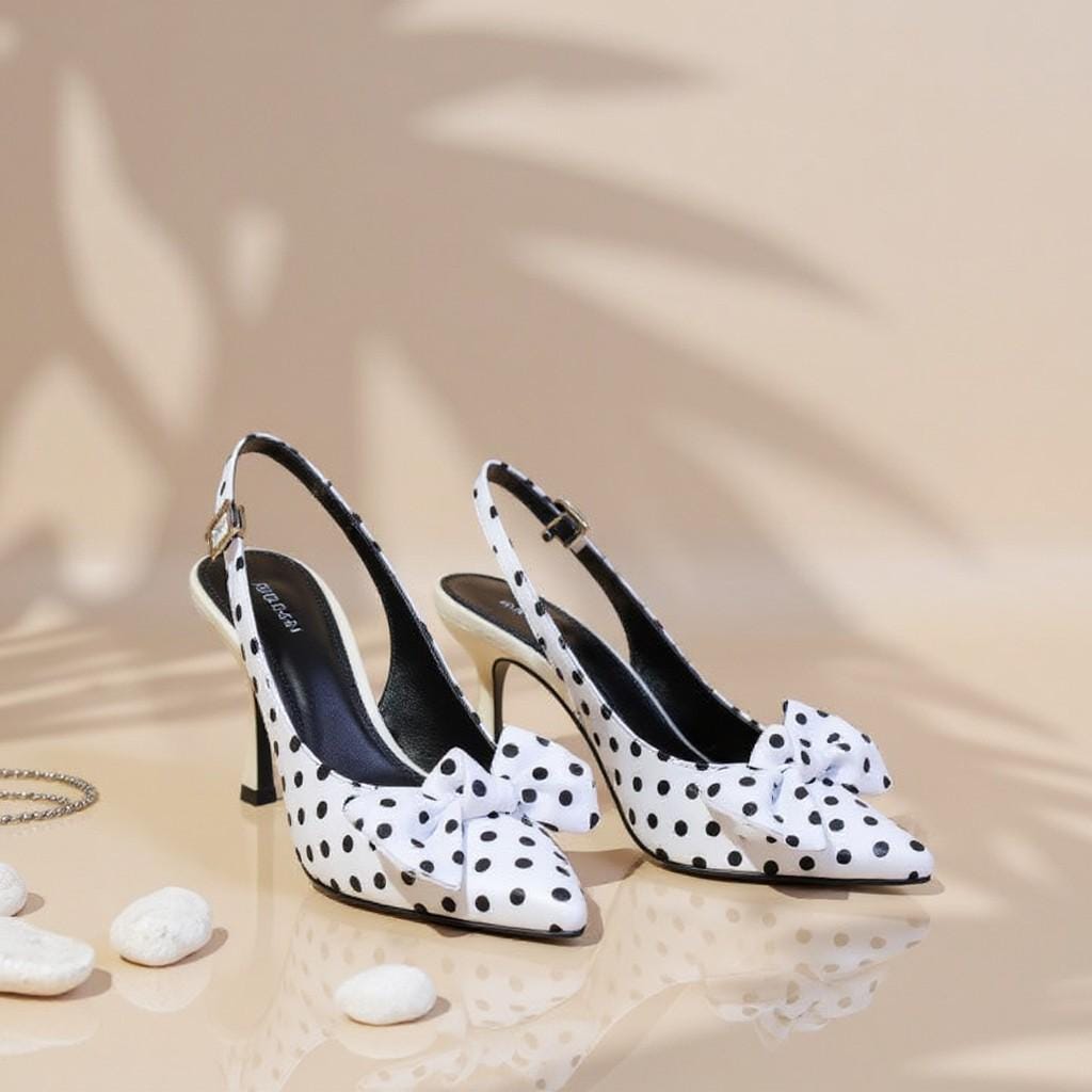 Polka Dot Heels, Black and White Bow Pumps, Women's Slingback Heels, Pointed Toe Pumps, Vintage Heels, Elegant Party Shoes, Statement Shoes