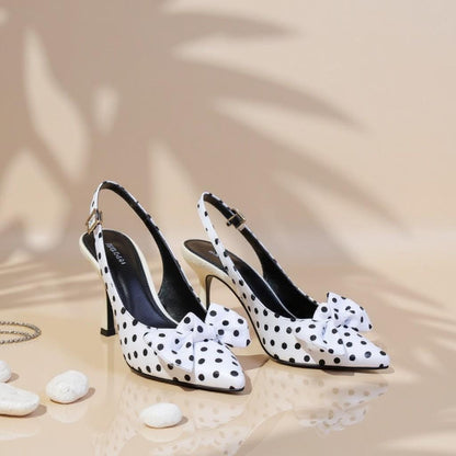 Polka Dot Heels, Black and White Bow Pumps, Women's Slingback Heels, Pointed Toe Pumps, Vintage Heels, Elegant Party Shoes, Statement Shoes