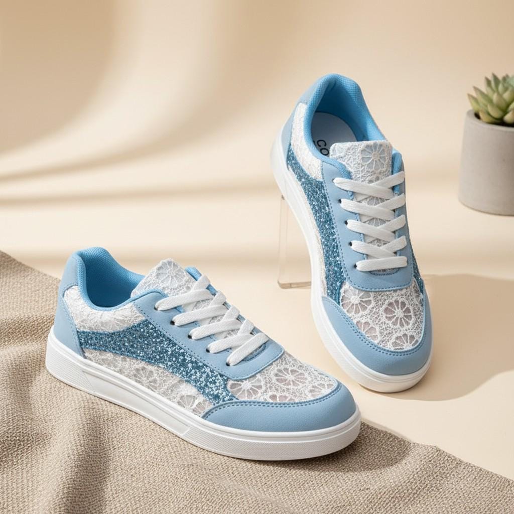 Blue Floral Sneakers for Women, Lace Detail Low Top Shoes, Light Blue Casual Footwear